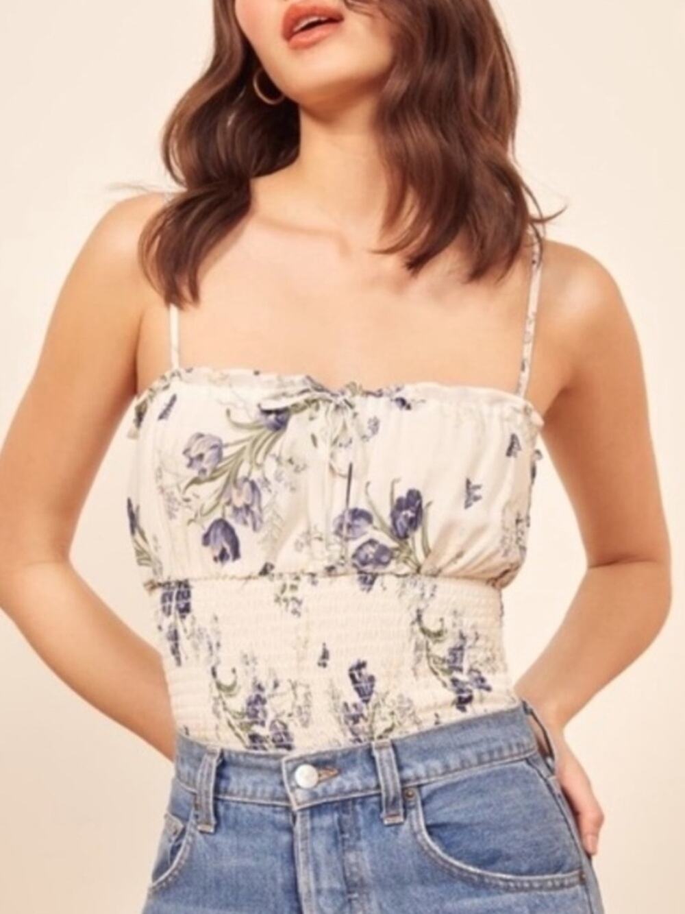 Reformation Angelica top white purple floral smocked bodice cottagecore tank XS